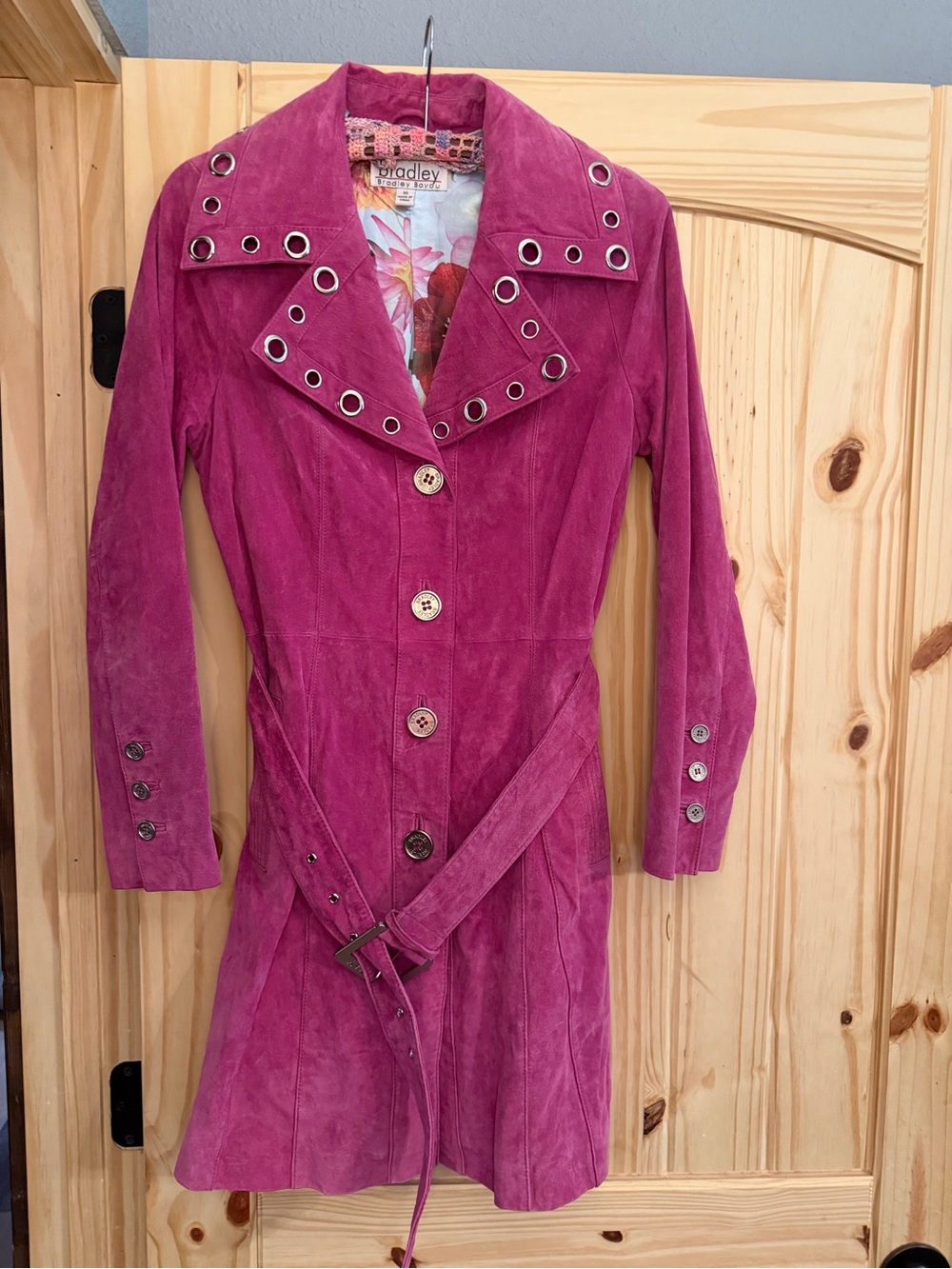 Vintage Bradley Bayou Pink Suede Trench Coat with Eyelet Detail
